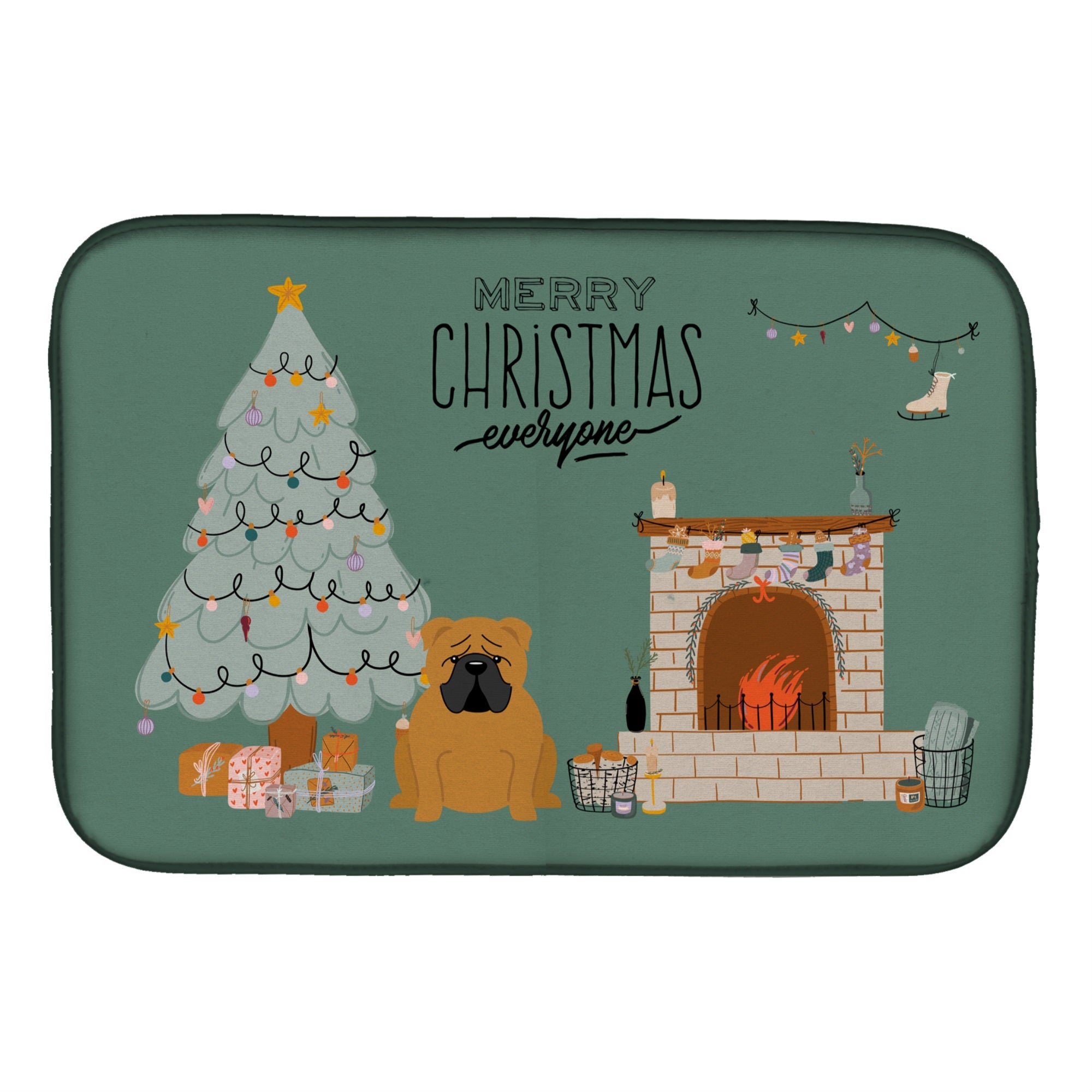Red English Bulldog Christmas Everyone  Dish Drying Mat